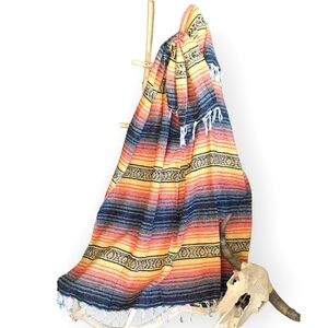 FRANKS Multicolored Orange Yellow and Grey Classic Fringed Mexican Falsa Blanket